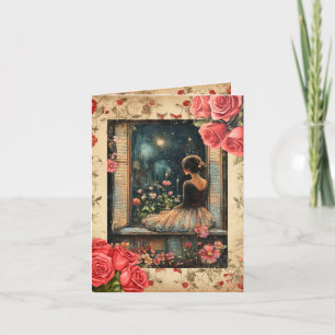 Vintage Meisje Valentijnskaart Plat Wenskaart voor Feestdagen Kaart