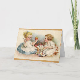 Vintage Meisjes die Paaseieren kleuren Feestdagen Kaart