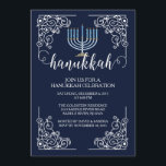 Vintage Menorah Hanukkah Celebratie Uitnodiging<br><div class="desc">Begin je feestdag meteen met onze elegante blauwe Hanukkah Celebration Party Uitnodiging met een lijst dat een lichtblauwe menorah laat zien op een blauw marineklein met moderne typografie. Zorg ervoor dat al je vrienden en familieleden er zijn om dit vakantieseizoen met je te vieren! Hanukkah is voor de meesten een...</div>