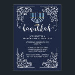 Vintage Menorah Hanukkah Celebratie Uitnodiging<br><div class="desc">Begin je feestdag meteen met onze elegante blauwe Hanukkah Celebration Party Uitnodiging met een lijst dat een lichtblauwe menorah laat zien op een blauw marineklein met moderne typografie. Zorg ervoor dat al je vrienden en familieleden er zijn om dit vakantieseizoen met je te vieren! Hanukkah is voor de meesten een...</div>