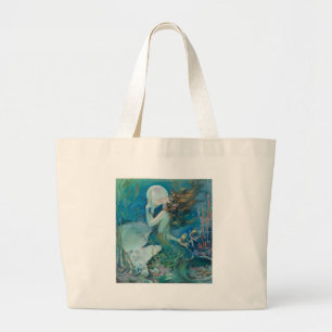 Vintage Mermaid Holding Pearl Grote Tote Bag