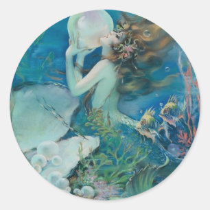 Vintage Mermaid Holding Pearl Ronde Sticker