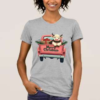 Vintage Merry Christmas Highland Cow in Pink Farm  T-shirt