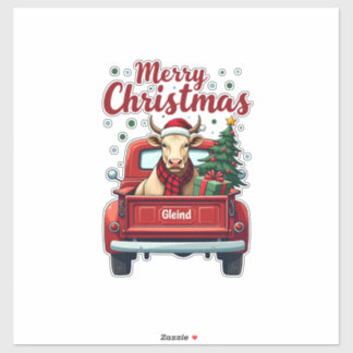 Vintage Merry Christmas Highland Cow Red Truck Hol Sticker