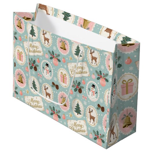 Vintage Merry Christmas Pattern Wrapping Paper Groot Cadeauzakje (Voorkant Gekanteld)