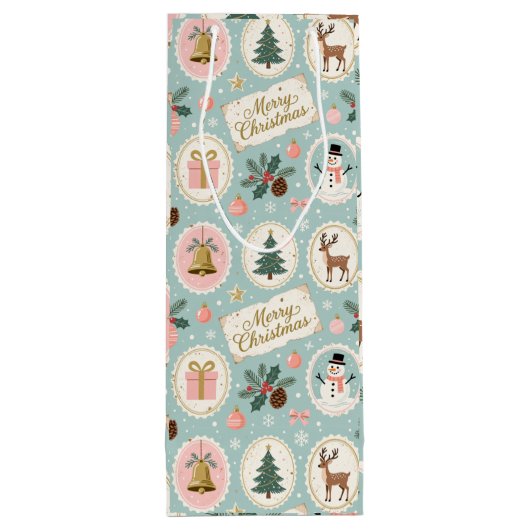 Vintage Merry Christmas Pattern Wrapping Paper Wijn Cadeautas (Achterkant)