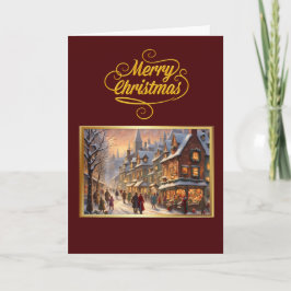 Vintage Merry Christmas with Snowy Town Card Kaart
