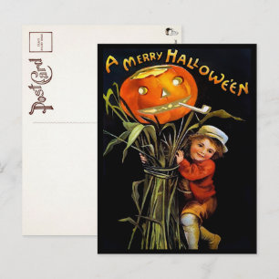 Vintage Merry Halloween Pumpkin Girl Briefkaart