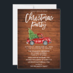 Vintage met houtenpenseel Vrachtkerstfeest Kaart<br><div class="desc">Rustisch hout - Penseelscript - Waterverf  rood vrachtwagen met kerstboom - Uitnodiging voor kerstfeestdagen - Rood terug</div>