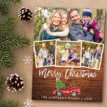 Vintage met houtenpenseel VrachtKerstmis 4 Foto Briefkaart<br><div class="desc">Rustieke Houten Groene Borstel Script Waterverf  Rode Vrachtwagen met Kerstboom - Merry Christmas Briefkaart - 4 Foto's</div>
