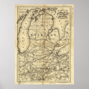 Vintage Michigan, Ohio en Indiana Railroad Map Poster