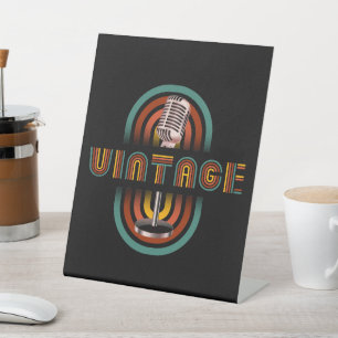 Vintage Microfoon Muziek Zingen Reclamebord Met Voetstuk