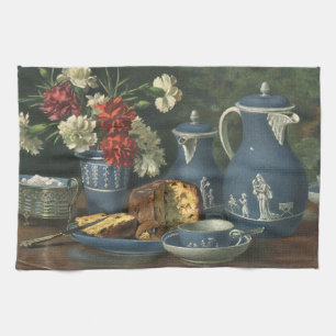 Vintage middag koffie, cake, thee en bloemen theedoek