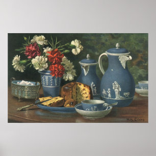 Vintage middagkoffie, cake, thee en bloemen poster