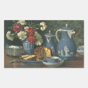 Vintage middagkoffie, cake, thee en bloemen rechthoekige sticker