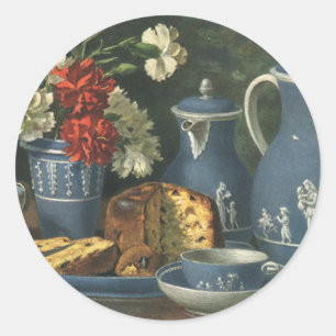 Vintage middagkoffie, cake, thee en bloemen ronde sticker