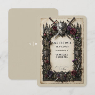 Vintage Middeleeuwse Ridder Zwaarden Bloem Crest Save The Date