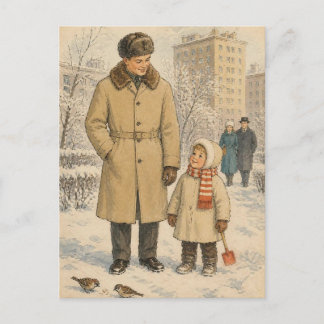 Vintage Midden-Eeuwse Winter Familie Wandeling Nos Briefkaart