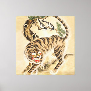 Vintage Minhwa Tijger onder dennenboom Canvas Afdruk