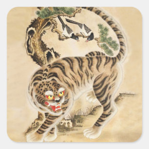 Vintage Minhwa Tijger onder dennenboom Vierkante Sticker