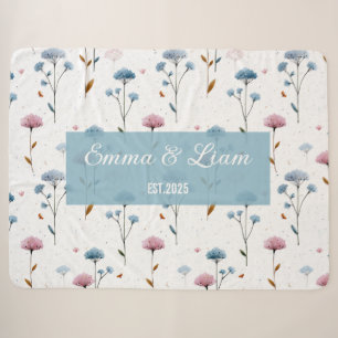 Vintage Minimaal Blauw en Roze Bloemmotief Geperso Sherpa Deken