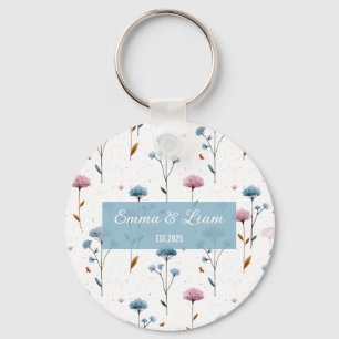 Vintage Minimaal Blauw en Roze Bloemmotief Geperso Sleutelhanger