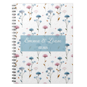 Vintage Minimaal Blauw en Roze Bloemmotief Persoon Notitieboek
