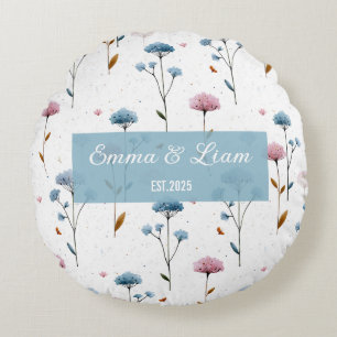 Vintage Minimaal Blauw en Roze Bloemmotief Persoon Rond Kussen