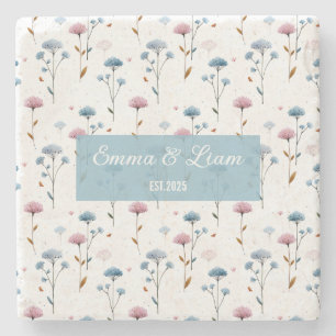 Vintage Minimaal Blauw en Roze Bloemmotief Persoon Stenen Onderzetter