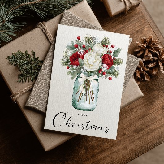 Vintage Minimalist Merry Christmas Flowers Feestdagenkaart