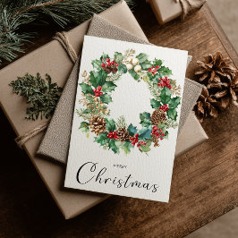 Vintage Minimalist Merry Christmas Wreath Feestdagenkaart