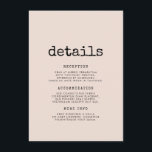 Vintage minimalistische schrijfmachine gast inform informatiekaartje<br><div class="desc">Huwelijksgast informatiekaart: vergeet deze handige kaart met al uw belangrijke huwelijksdetails zoals locatie,  accommodatie,  transport,  etc...  niet.  Een minimalistisch en vintage ontwerp voor uw huwelijksstationery: kies voor deze retro maar moderne huwelijksuitnodiging,  met een schrijfmachine lettertype. Volledig aanpasbaar,  voor de liefhebbers van eenvoud.</div>