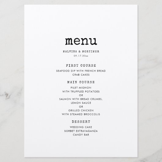 Vintage minimalistische schrijfmachine trouwen menu (Voorkant)
