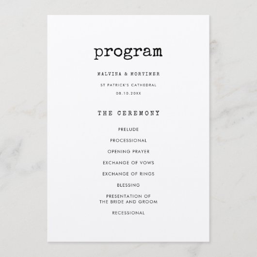 Vintage minimalistische schrijfmachine trouwen programmakaart (Voorkant)