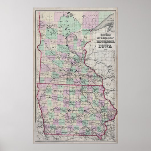 Vintage Minnesota & Iowa Railroad Map (1873) Poster (Voorkant)