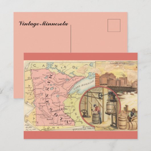 Vintage Minnesota Map Briefkaart (Voorkant / Achterkant)