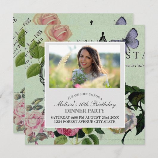 Vintage Mint French Pink Rose Paris Party Kaart (Voorkant / Achterkant)