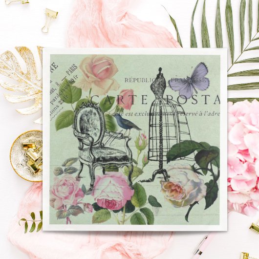 Vintage Mint French Pink Rose Paris Party Servet