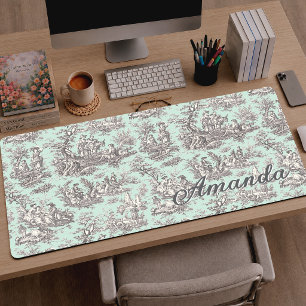 Vintage Mint Grijs Frans Toile De Jouy Monogram Bureaumat