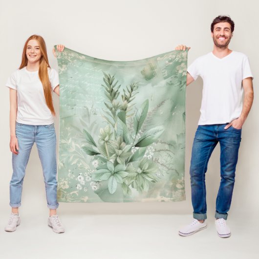 Vintage Mintgroene Botanische Bloemen (1) Fleece Deken (In situ)