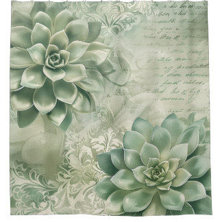 Vintage Mintgroene Botanische Bloemen (2) Douchegordijn
