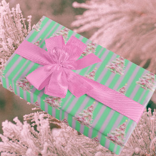 Vintage Mintgroene Roze Streep Kerstboom Cadeaupapier