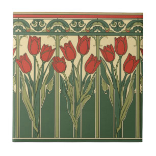 Vintage Mission Style Rode Tulp Fries Tegeltje