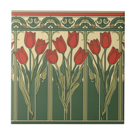 Vintage Mission Style Rode Tulp Fries Tegeltje (Voorkant)