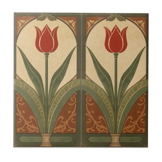 Vintage Mission Style Rode Tulp Fries Tegeltje (Voorkant)