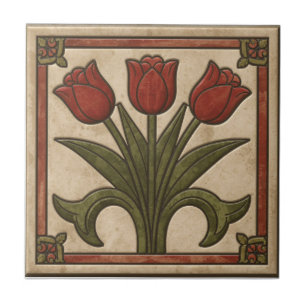 Vintage Mission Style Rode Tulp Fries Tegeltje