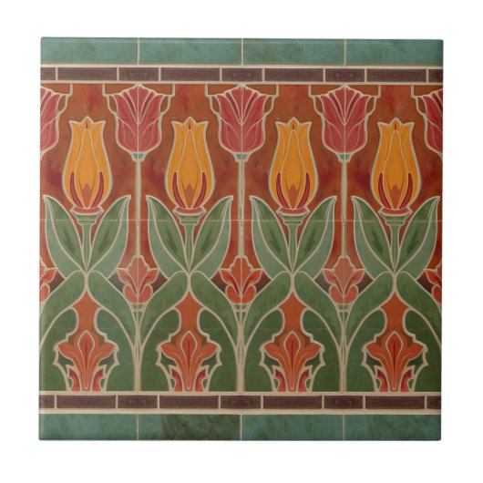Vintage Mission Style Rode Tulp Fries Tegeltje (Voorkant)