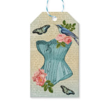 Vintage mode vogel, bloem & vlinder cadeau label