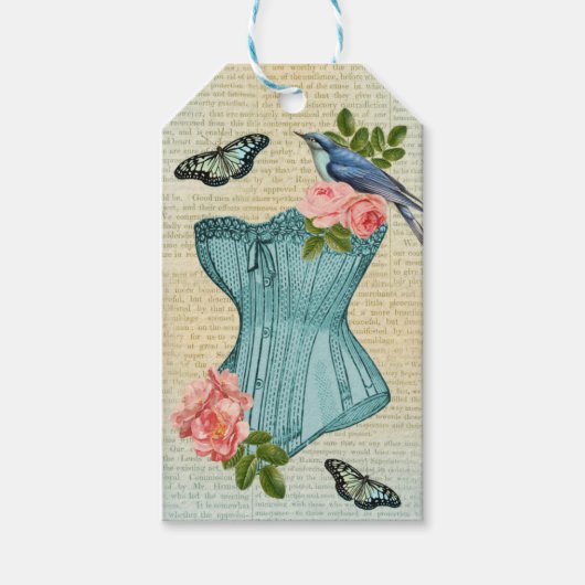 Vintage mode vogel, bloem & vlinder cadeau label cadeaulabel (Voorkant)