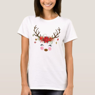 Vintage Moderne Bloemige Rendier Vakantie Whimsisc T-shirt